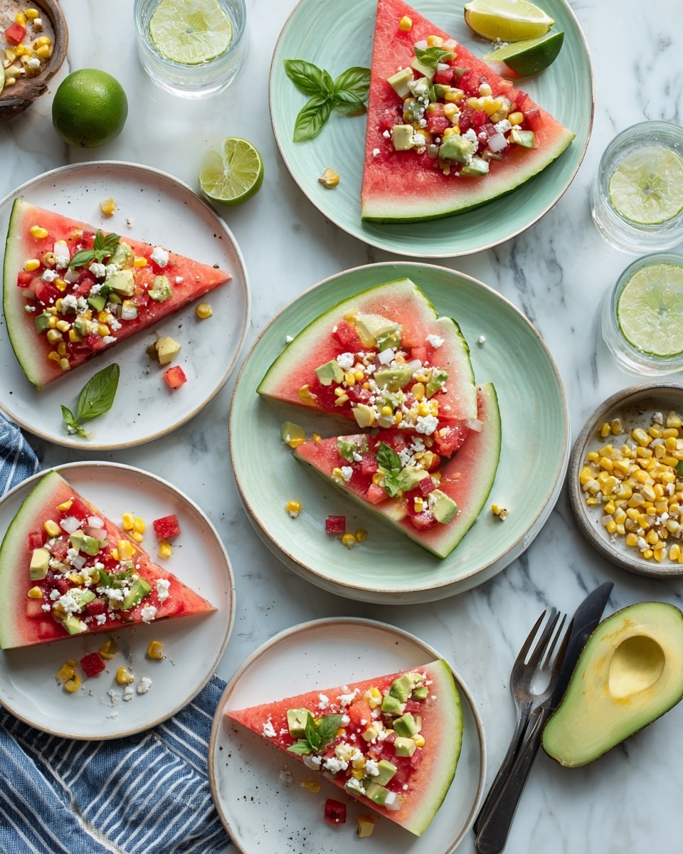 The image shows three white plates with watermelon slices layered with colorful toppings. Each plate holds two or three triangular watermelon slices, dark green rind on the outside, bright red juicy flesh visible. On top of the watermelon are small piles of diced avocado, yellow corn kernels, small cubes of red pepper, and white crumbly cheese, garnished with fresh green basil leaves. A close look shows the textures: the smooth avocado, the crisp corn, and the soft cheese contrasting with the watermelon. Nearby, half an avocado with the seed is placed on the white marbled surface, along with basil leaves scattered around. A striped blue and white cloth is folded by the bottom right plate, next to a white plate with a knife and fork placed crossed. Two clear glasses with lime slices float in light green water are on the top right. The overall setting creates a fresh, clean, and colorful presentation. Photo taken with an iphone --ar 4:5 --v 7