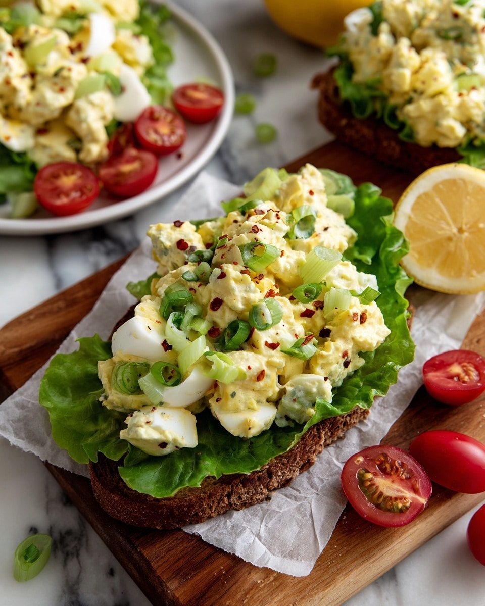 A white plate in the top left corner holds a creamy egg salad mixed with small pieces of pale yellow egg, green celery, and garnished with green chives and red pepper flakes. In the center, a slice of dark brown bread rests on white parchment paper on top of a wooden board; on the bread is a large green lettuce leaf topped with the same creamy egg salad, sprinkled with chives and red pepper flakes. To the right on the board are two bright red cherry tomato halves, and in the bottom right corner on the white marbled surface is a quarter lemon wedge. The overall scene is bright and fresh with the white marbled background showing around the board. Photo taken with an iphone --ar 4:5 --v 7
