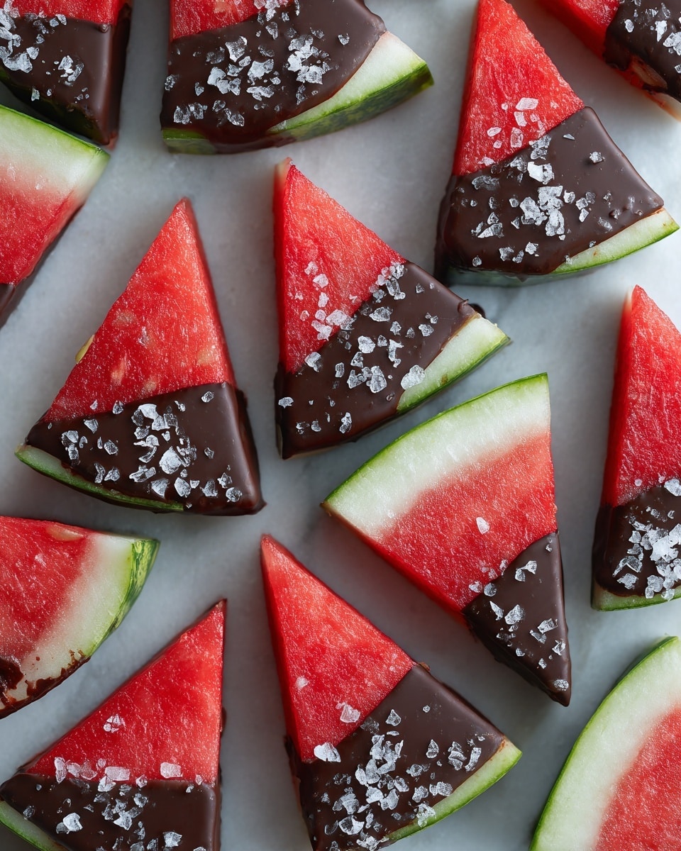 Several watermelon slices are laid flat on white marbled texture. Each slice is coated halfway with a smooth, dark brown chocolate layer, starting from the green rind side to part of the red fruit, showing a clear line between the fruit and chocolate. The chocolate parts are sprinkled with small white salt flakes. The watermelon flesh is juicy red with small faint white seeds, while the rind is light green on the outside and white near the fruit. The slices have a triangle shape with straight edges and clean cuts. photo taken with an iphone --ar 4:5 --v 7