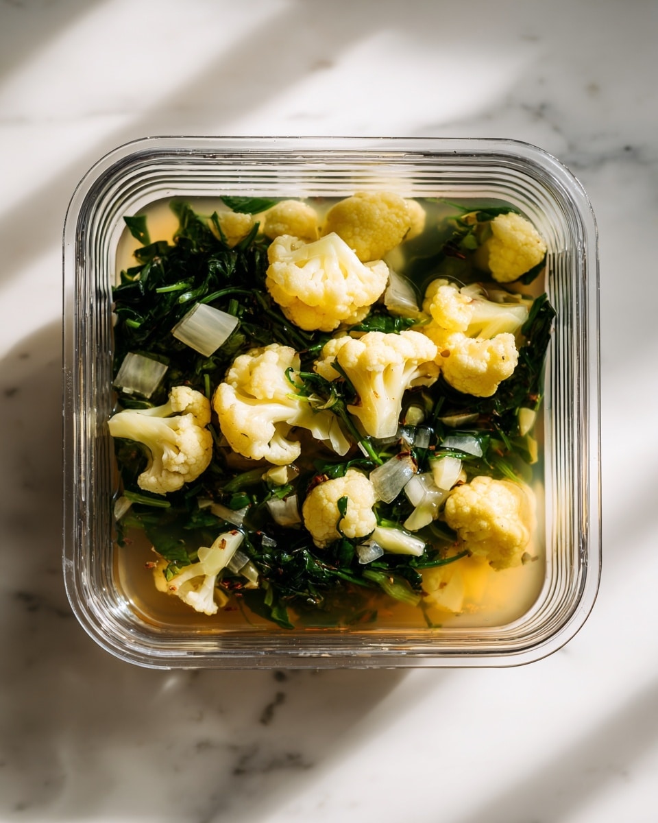 The image shows a clear container filled with a vegetable mixture. The container is square with ridged sides and an open lid. Inside, the top layer is a light yellow cauliflower, roughly chopped into medium-sized pieces. Mixed around the cauliflower, there are layers of dark green leafy vegetables and small bits of chopped onion that are translucent white. The vegetables sit in a thin, clear broth that fills the container about halfway. The container is placed on a white marbled surface, with bright natural light casting shadows. Photo taken with an iphone --ar 4:5 --v 7