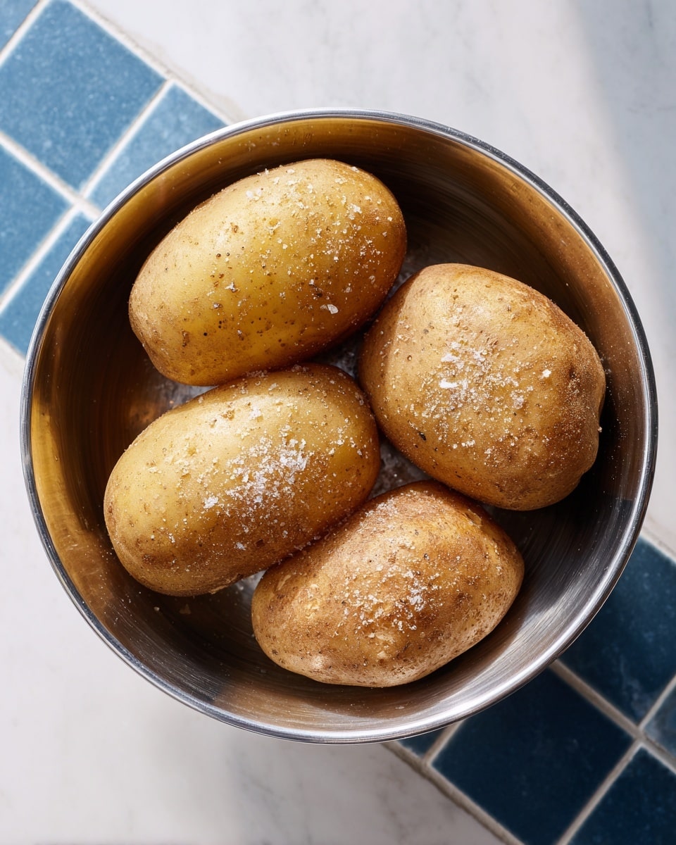Four raw potatoes with a light brown skin and sprinkled with white salt and spices sit inside a shiny silver metal bowl. The potatoes are arranged close together in the center, showing their rough, textured surfaces. The bowl is on a white marbled surface tiled with large blue squares in the background. The light reflects softly on the potatoes and the inside of the metal bowl. photo taken with an iphone --ar 4:5 --v 7