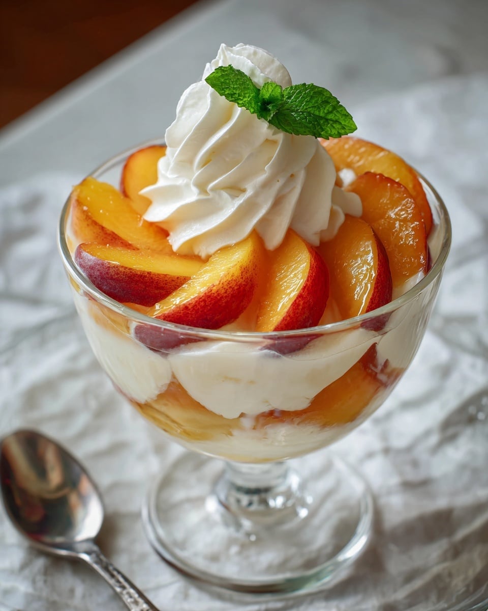 The image shows two clear glass dessert cups filled with creamy white yogurt at the bottom layer. On top of the yogurt, there are several slices of fresh peach arranged around the edges. The top layer has a generous dollop of whipped cream slightly melting, with more peach slices stuck into it. A small green mint leaf decorates the center of the whipped cream in the front cup. The cups are placed on a wooden surface with a whole peach and peach halves in the background. A silver spoon lies next to one cup. The overall look is fresh and colorful, with the contrast between the white yogurt and cream, the bright orange peach slices, and the green mint. photo taken with an iphone --ar 4:5 --v 7