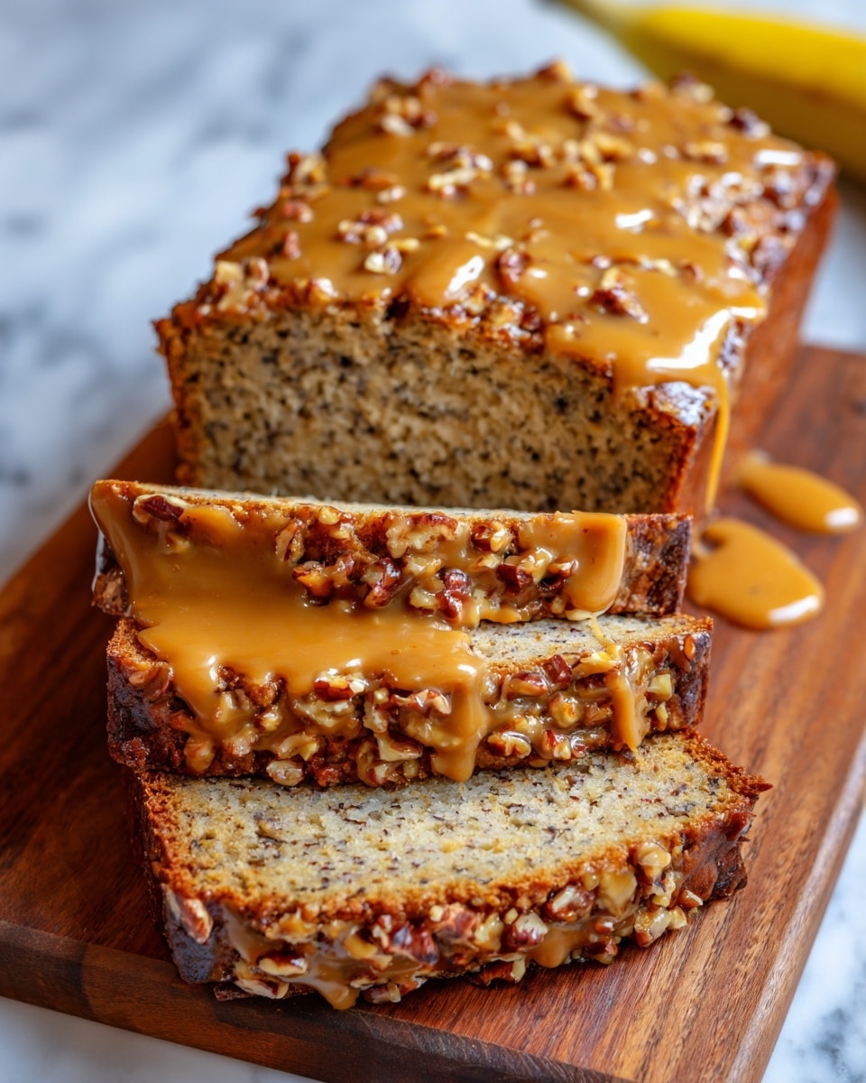 A loaf of banana bread sits on a dark wooden board over a white marbled surface. The bread has two visible layers: a moist, golden brown base with small dark specks, and a thick, glossy, light caramel-colored nut topping loaded with chopped nuts unevenly spread on top. Two slices of the bread are cut and laid flat in front, showing the soft texture inside. A yellow banana is softly blurred in the background. photo taken with an iphone --ar 4:5 --v 7