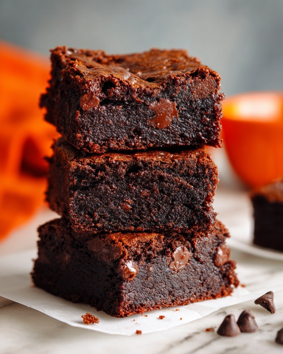 A stack of three thick, rich chocolate brownies is centered on a white marbled surface. Each brownie layer has a dense, moist texture with visible chunks of melted chocolate throughout, giving off dark brown and slightly lighter brown tones. The top brownie shows a slightly cracked surface with melted chocolate chips embedded on the top, adding a glossy dark touch. A few loose chocolate chips and crumbs are scattered around the base of the stack, enhancing the homemade look. In the blurred background, a wooden bowl with bright orange contents is partially visible, contrasting with the warm brown colors of the brownies. Photo taken with an iphone --ar 4:5 --v 7