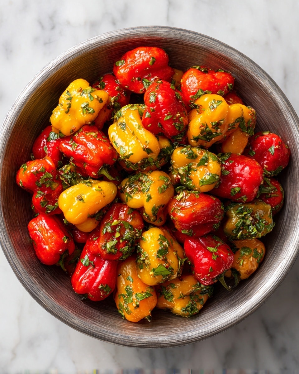 The image shows a metal bowl filled with small red and yellow peppers. The peppers are fresh and shiny, coated in small green herb flakes evenly spread on their smooth skins. The peppers are piled together tightly inside the bowl, with a mix of larger and smaller peppers visible. The metal bowl has a brushed texture that reflects light softly. The background is a white marbled surface. photo taken with an iphone --ar 4:5 --v 7