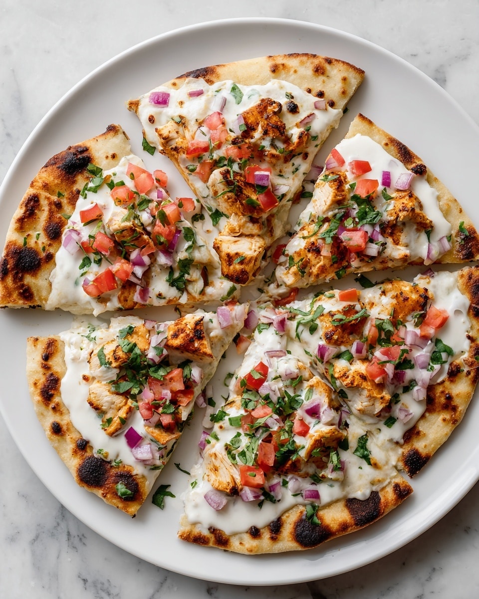 A round pizza with six slices on a white plate, placed on a white marbled surface. The pizza crust is golden brown with some dark toasted spots around the edges. Each slice has a thick white creamy layer spread evenly as the base, topped with pieces of light brown cooked chicken. Over the chicken, there are finely chopped red tomatoes and purple onions scattered, sprinkled with green chopped herbs and small red seasoning flakes. The pizza looks fresh with a mix of soft and slightly crispy textures. Photo taken with an iphone --ar 4:5 --v 7
