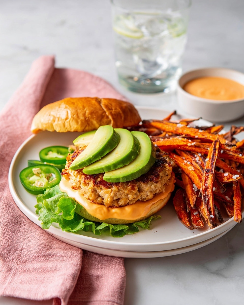 A white plate sits on a white marbled surface holding a turkey burger with three layers: at the bottom a bed of green lettuce, then a thick golden-brown grilled turkey patty with a slightly crisp surface, and a lightly toasted sandwich bun top layer spread with orange creamy sauce and topped with three slices of bright green avocado. To the left of the burger are three slices of fresh jalapeno pepper with visible seeds. On the right side of the plate is a pile of thin, roasted sweet potato fries with a mix of dark orange and crisp brown edges, sprinkled with small flakes of seasoning. Near the top of the frame, part of a small white bowl with the same orange sauce is visible alongside a clear glass of ice water. A soft pink cloth napkin is tucked under the plate's edge on the left side. photo taken with an iphone --ar 4:5 --v 7