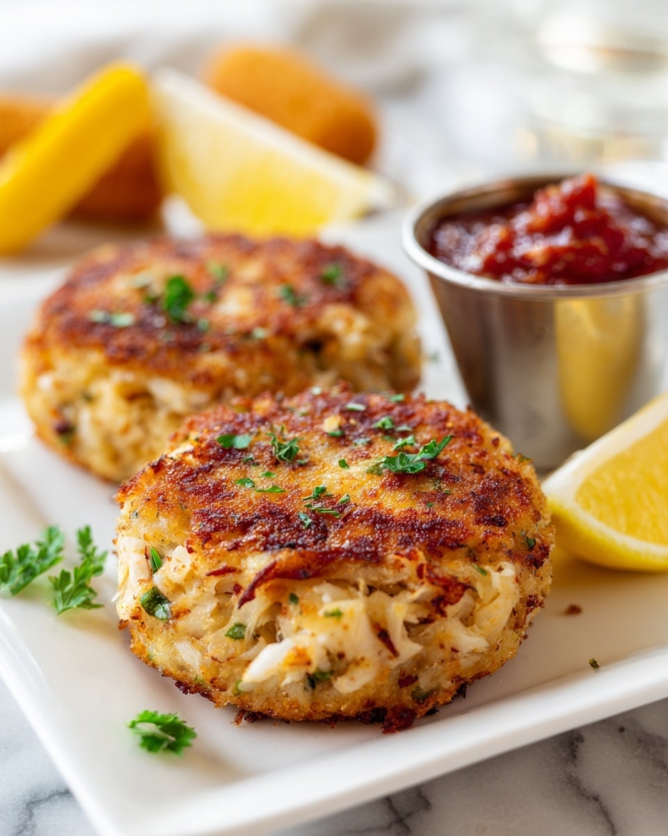 Five golden brown crab cakes with chunks of crab and green herbs on top are arranged in a circle on a white round plate with a wicker edge. There are small lemon wedges placed around the crab cakes, adding a pop of yellow. The plate sits on a pale striped cloth on a white marbled table. To the upper right, there is a white plate with bright yellow corn on the cob. A glass of clear water with ice is near the top center of the image. Some green parsley leaves and white flowers are seen, adding fresh green touches. photo taken with an iphone --ar 4:5 --v 7