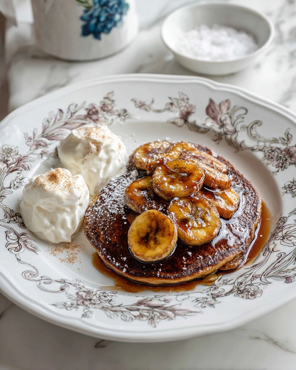 A white plate with floral embossed patterns holds a dish with two main layers: a bottom layer that is dark brown and rough textured, topped with a thick, golden-yellow layer of caramelized slices that have shiny, browned spots and a slightly bubbly surface, likely from heat. Next to the stacked layers, there is a small round heap of white cream with a light dusting of brown crumbs on top and around it. The scene is set on a white marbled surface with a small jar of coarse white salt visible in the top right corner. photo taken with an iphone --ar 4:5 --v 7