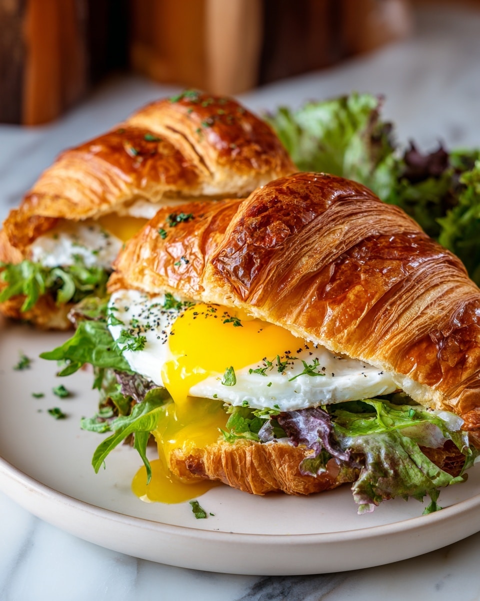 A croissant sandwich with three main layers is placed on a white plate on a white marbled surface. The bottom layer is a golden brown, flaky croissant with visible crispy layers. Above it, there is a layer of fresh green leafy herbs and arugula, adding a textured leafy look. On top of the greens, there is a cooked sunny side up egg with a bright yellow, slightly runny yolk and white edges sprinkled lightly with black pepper and green herbs. The upper half of the croissant, golden and glossy, sits over the egg, completing the sandwich. The background is softly blurred with warm, out-of-focus colors suggesting an indoor setting. Photo taken with an iphone --ar 4:5 --v 7
