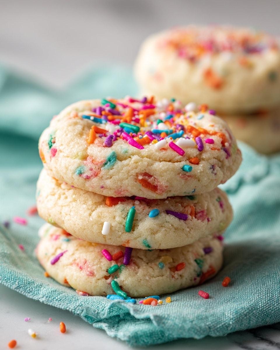 A close-up view of three soft cookies stacked on top of each other, each cookie topped with colorful rainbow sprinkles. The cookies have a light golden beige color with hints of multicolored spots inside, showing a slightly cracked surface texture. The background is a soft blue-green cloth with a blurred section of more cookies in the distance. The whole scene is set on a white marbled surface photo taken with an iphone --ar 4:5 --v 7