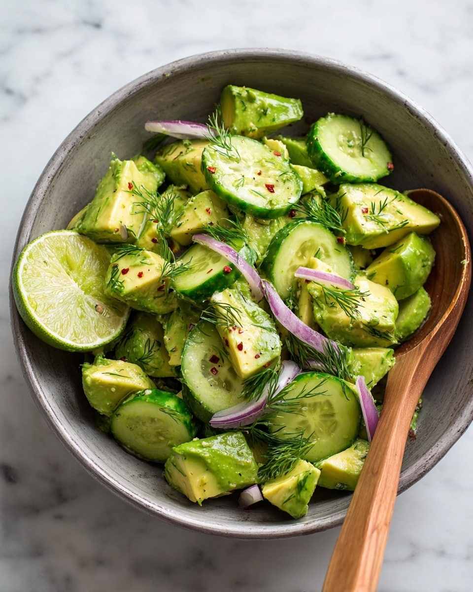 This image shows a fresh salad in a steel bowl on a white marbled surface. The salad has three main layers: thin green slices of cucumber on the left, chunky light green avocado pieces in the middle, and thin purple-red slices of onion at the bottom. Scattered throughout are small green dill leaves, red chili flakes, and black pepper, adding color and texture. On the right, two whole bright green limes rest on the edge of the bowl, and a wooden spoon is partly visible. The colors are vibrant with mostly green shades mixed with purple and red accents. Photo taken with an iphone --ar 4:5 --v 7