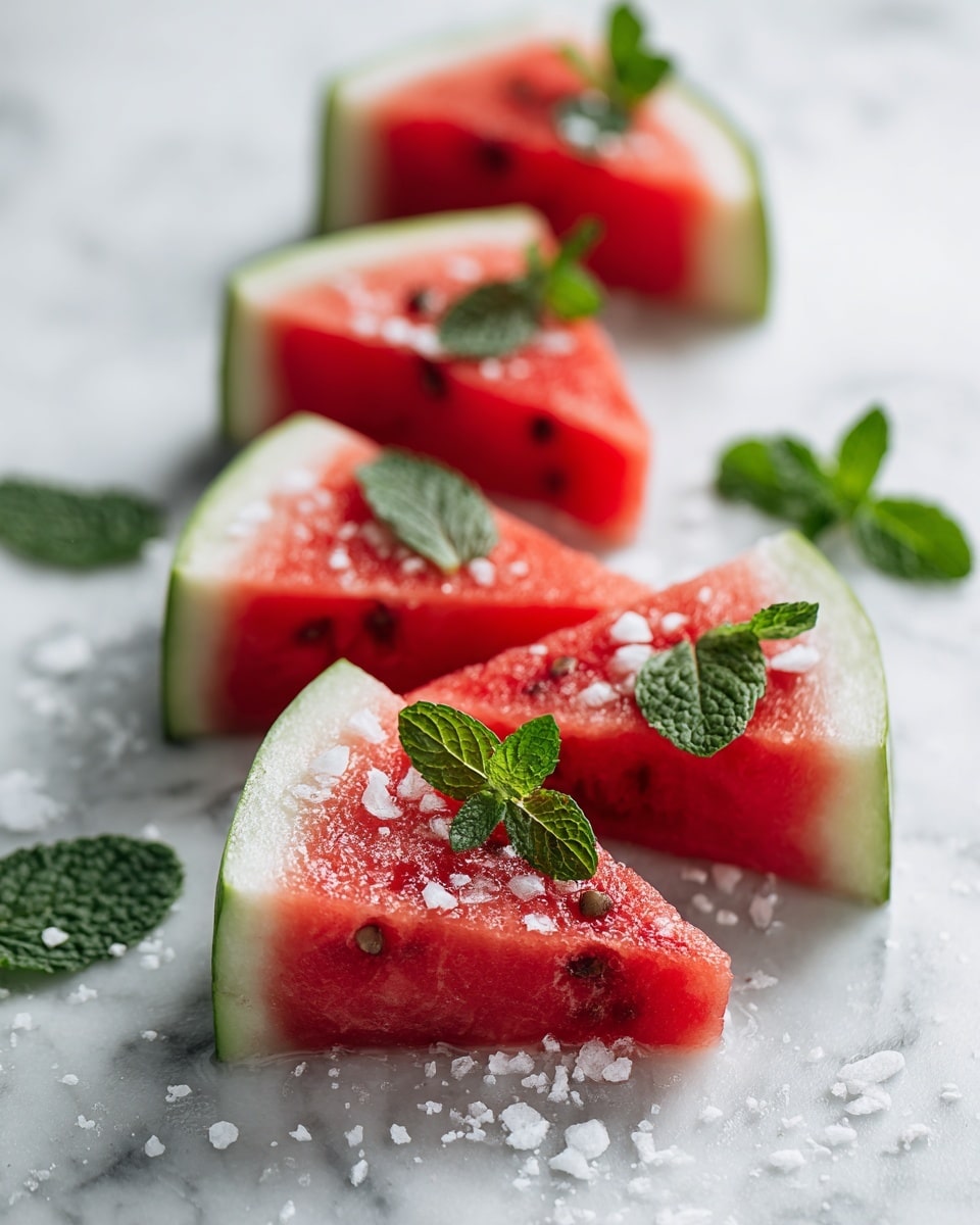 Several triangular slices of watermelon are placed on a white marbled surface. Each slice shows a bright red inside with white and green rind edges. Fresh green mint leaves are scattered and placed on top of the slices, adding texture and contrast. Small salt flakes are sprinkled over the watermelon pieces and the surface around them. The light creates soft shadows to one side, highlighting the colors and textures of the watermelon and mint leaves. photo taken with an iphone --ar 4:5 --v 7