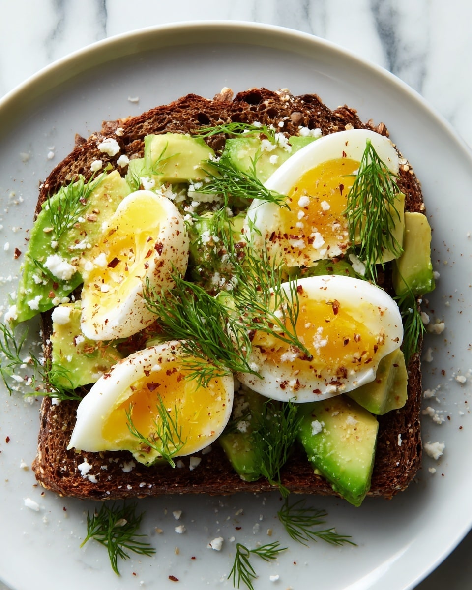 A single thick slice of dark toasted bread sits centered on a white plate with a matte finish, placed on a white marbled surface. On the bread, there is a layer of chunky, bright green avocado pieces that add texture and contrast. Over the avocado, small bits of white cheese are scattered evenly. Three halves of a soft-boiled egg with firm whites and slightly runny yellow yolks rest on top, arranged in a row from left to right. The eggs are sprinkled with a mix of black and red seasoning and tiny green herbs. Fresh, bright green dill sprigs are layered generously across the top, adding a leafy texture and height to the dish. Some herbs and seasoning are also lightly scattered on the plate around the toast. The photo is taken with an iphone --ar 4:5 --v 7