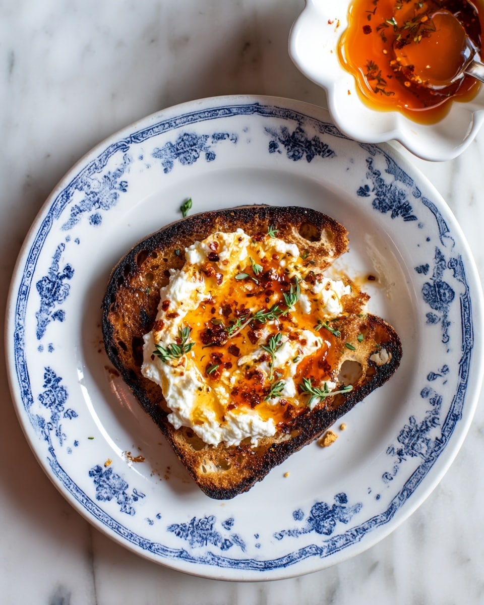 A piece of toasted bread with a dark brown crust forms the base layer, placed centrally on a white plate with blue floral patterns. On top of the toast, there is a thick spread of creamy white cheese, unevenly spread for texture. Drizzled over the cheese is a layer of reddish-brown chili oil, adding a shiny, spicy look, and finely chopped green herbs are sprinkled across the top. The plate sits on a white marbled surface, with a small white bowl containing some chili oil and bits of seasoning visible at the top right corner of the image. Photo taken with an iphone --ar 4:5 --v 7