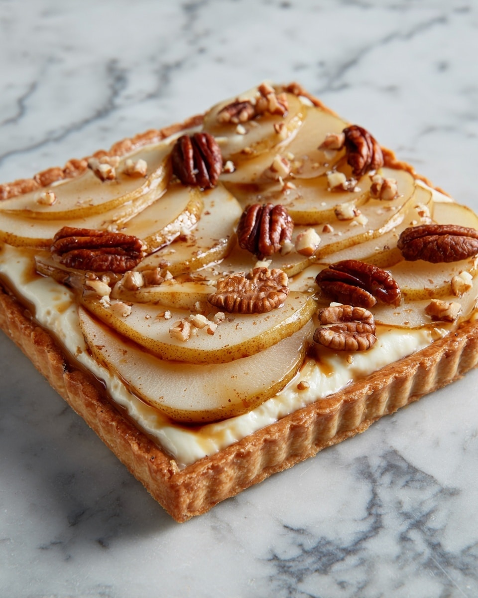 The image shows small square pieces of pizza with a golden-brown crust as the bottom layer. On top of the crust, there is a layer of melted light yellow cheese spread evenly. The next layer has thin slices of pear, arranged to cover most of the surface. Small pecan nuts are scattered over the pear slices, adding a dark brown and textured contrast. A drizzle of dark brown balsamic glaze is spread lightly over the entire top, giving a shiny and slightly sticky look. The background is a white marbled texture, and the pizza pieces are spaced apart. Photo taken with an iphone --ar 4:5 --v 7