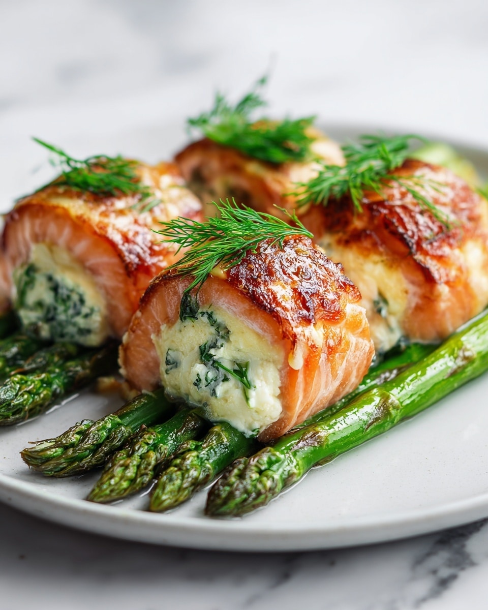 The image shows three pieces of salmon rolled around green asparagus spears, each topped with white creamy cheese mixed with herbs and a small sprig of fresh green dill. The salmon has a light pink color with a grilled texture on the outside. The asparagus tips are visible, bright green with a slight char. All three pieces are placed neatly in a row on a white rectangular plate, set on a white marbled surface. The photo taken with an iphone --ar 4:5 --v 7