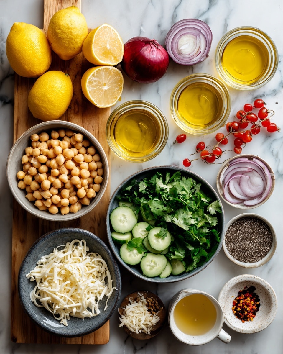 The image shows an arrangement of fresh ingredients placed on a white marbled surface. There are whole and halved lemons at the top left corner with red and yellow onions beside them. Three small red tomatoes are scattered near the onions. Two small clear glass bowls filled with golden-yellow olive oil are positioned on the right side next to a small bowl containing chia seeds. Near the middle, a gray bowl holds sliced red onions. A larger gray bowl is full of chickpeas, and below it, another bowl contains sliced cucumbers. A small dark bowl filled with fresh green cilantro leaves sits in the center. Below it, a small gray bowl holds shredded white cheese. Small containers to the right hold a variety of spices, including black and red chili flakes, and a small cup filled with light yellow liquid is placed on a wooden board. A woman's hand is touching the wooden board. The photo taken with an iphone --ar 4:5 --v 7