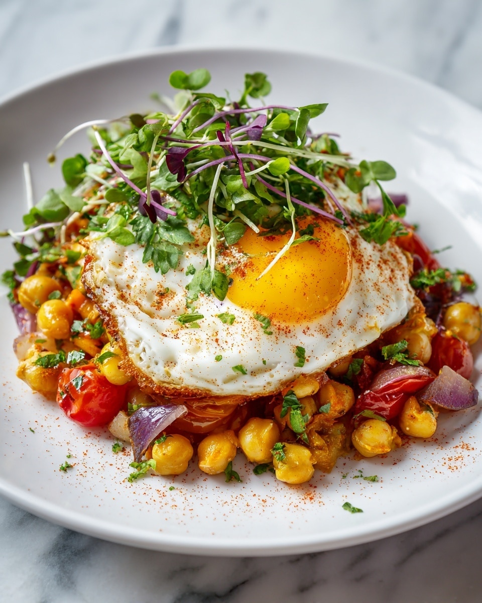 A white plate on a white marbled surface holds a dish with three main layers: the bottom layer is a mix of golden chickpeas, chopped red onions, and halved red cherry tomatoes, all cooked with spices giving a slightly reddish-brown tint; above that are fresh green herbs scattered around, adding a fresh texture; on top is a perfectly cooked fried egg with a bright yellow yolk slightly runny in the center, surrounded by soft white edges, and sprinkled with red spices and small purple microgreens. photo taken with an iphone --ar 4:5 --v 7