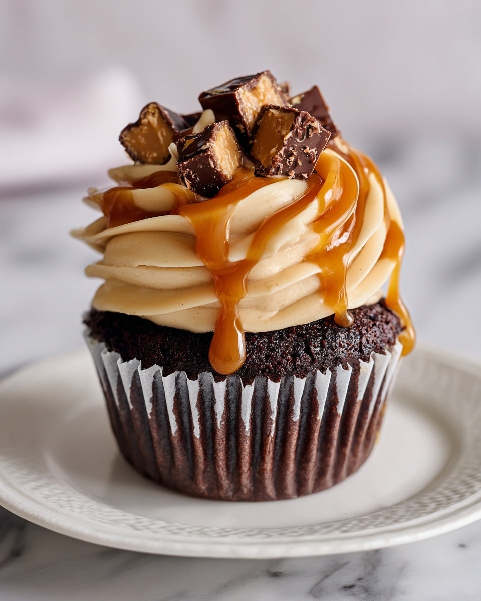 A close-up of a chocolate cupcake with a dark brown, moist base wrapped in a ridged liner, topped with a single large swirl of light tan frosting that looks smooth and creamy. The frosting is drizzled with glossy caramel sauce running down the sides and crowned with chopped pieces of chocolate candy bars that have light caramel and nougat layers inside. The cupcake sits on a white plate with a rustic brown rim on a white marbled surface, with blurred cupcakes in the background. Photo taken with an iphone --ar 4:5 --v 7