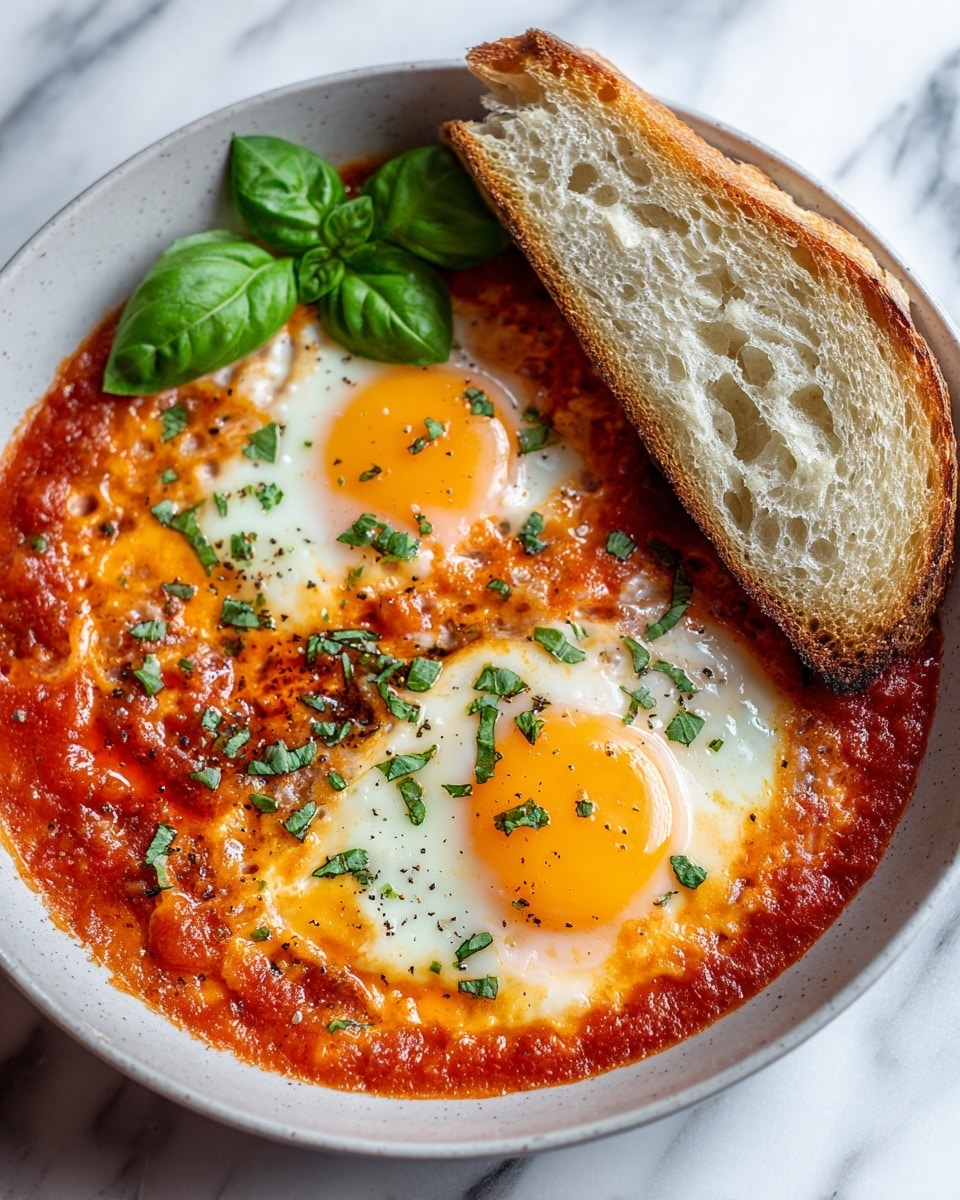 This close-up image shows a dish with two cooked eggs sitting on a bed of rich, red tomato sauce. The eggs have bright orange yolks that look soft and slightly runny, with white edges blending into the sauce. Freshly chopped green herbs are sprinkled over the eggs and sauce, adding a pop of color. A slice of light, airy bread with a crisp crust rests on top of the sauce near the eggs, accompanied by two fresh green basil leaves placed on the edge. All of this is set on a white marbled surface. photo taken with an iphone --ar 4:5 --v 7