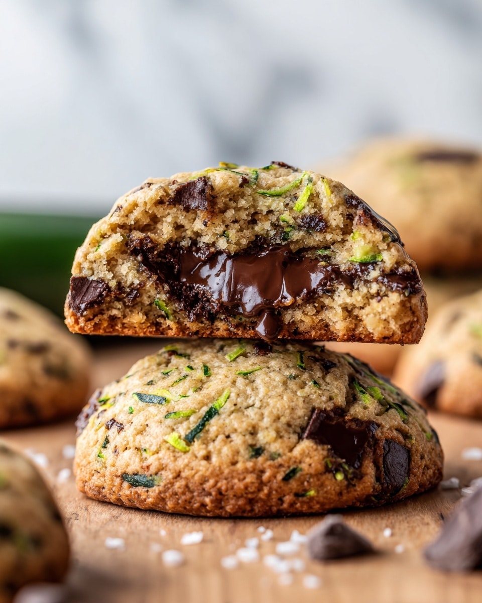 The image shows a stack of two thick, soft cookies with a rough texture full of dark chocolate chips and little green specks, likely from zucchini. The top cookie is broken in half, revealing a moist inside filled with melted chocolate chunks. The cookies sit on a wooden surface with other cookies blurred in the background, all with the same chunky, inviting look. The background is a clean white marbled texture. photo taken with an iphone --ar 4:5 --v 7