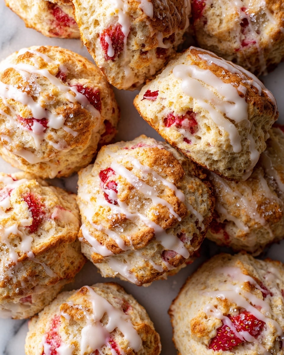 The image shows several soft, round scones clustered together on a white marbled surface. Each scone has a light golden-brown color with pieces of red strawberries embedded inside, visible on the top and sides. The scones are topped with a thin layer of white glaze drizzled unevenly across their surfaces. Some scones also have coarse sugar crystals sprinkled on top, giving them a slightly sparkling texture. The edges of the scones are slightly cracked, showing a tender crumb inside. Photo taken with an iphone --ar 4:5 --v 7
