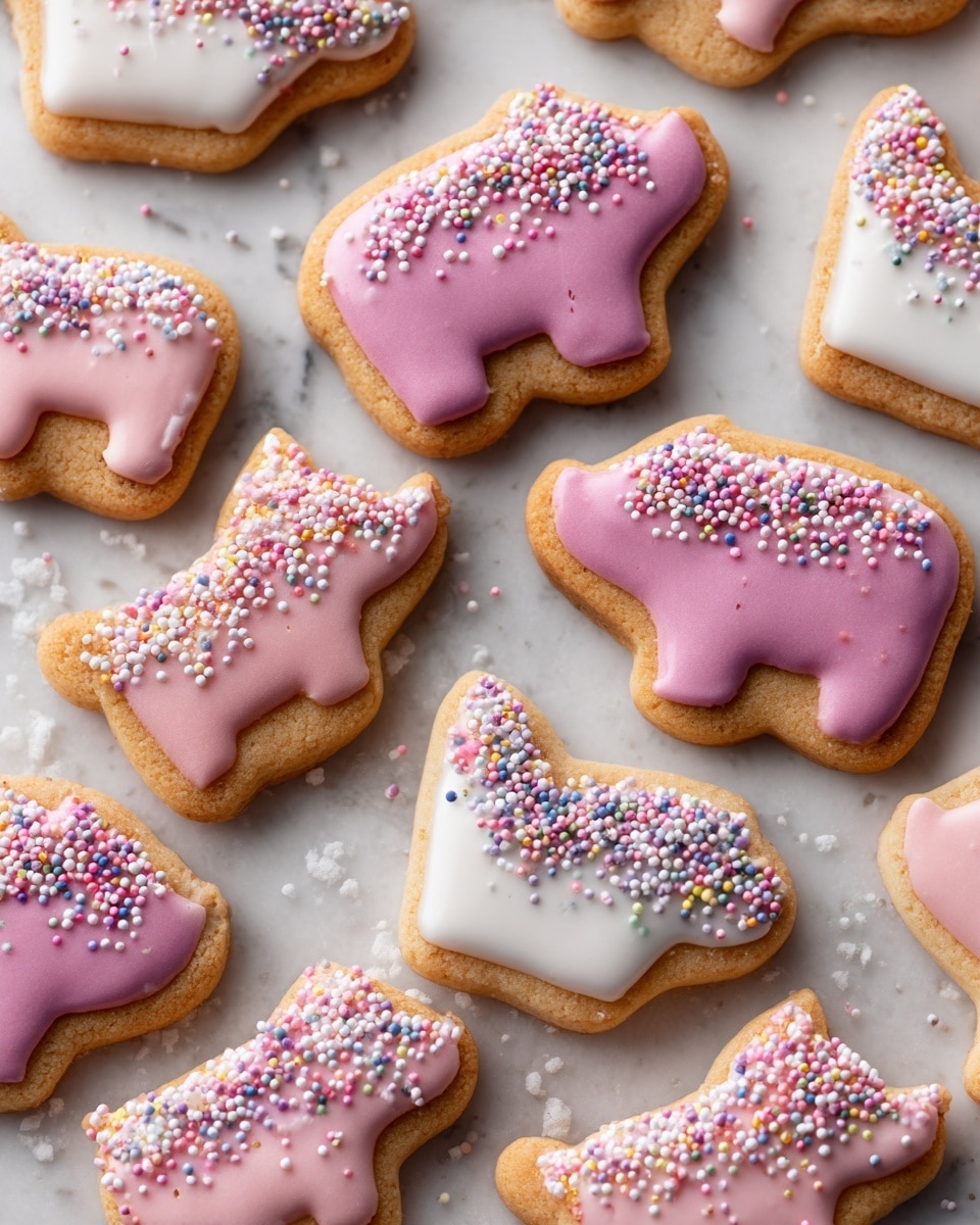 A stack of five star-shaped cookies is shown on a white marbled surface. The cookies are light brown with speckles and each cookie has a layer of smooth icing on top; the colors alternate between pink and white. The pink icing is bright and shiny, while the white icing is creamy and smooth. On top of each cookie, there are small round sprinkles in different colors such as red, yellow, green, blue, orange, black, and white, adding a playful touch to the image. The background is blurred but shows more similar cookies scattered around. Photo taken with an iphone --ar 4:5 --v 7