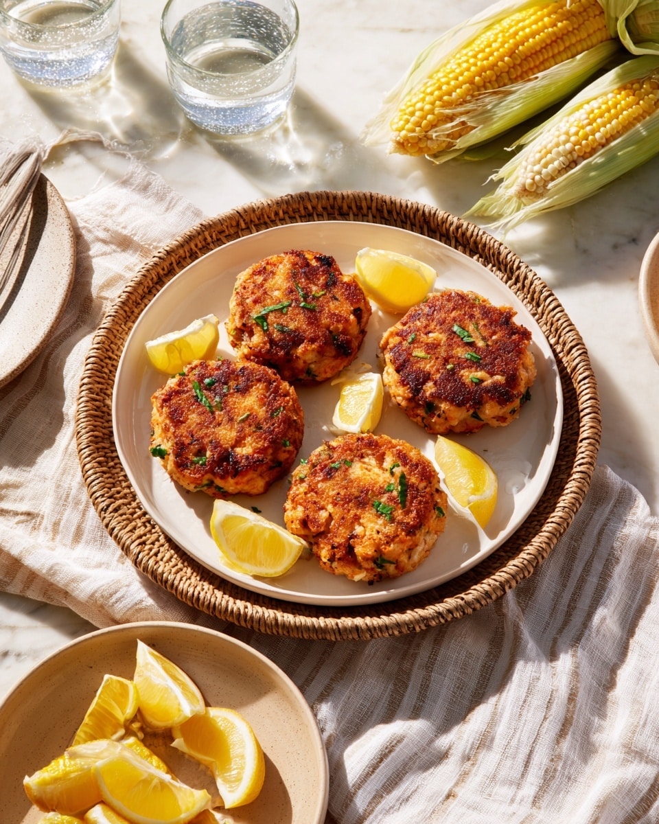 A round white plate with a woven rim holds five golden-brown crab cakes, each with visible chunky pieces and slight green herb bits, arranged with three at the top half and two below; three small yellow lemon wedges are spaced among the crab cakes for garnish. Around the plate on a white marbled surface, there is a smaller white bowl at bottom left filled with lemon wedges, a beige plate holding bright yellow corn ears with white tips at the top right, and clear glasses of water near the top left. The setting includes soft natural light and a striped light linen cloth beneath the white plate. Photo taken with an iphone --ar 4:5 --v 7