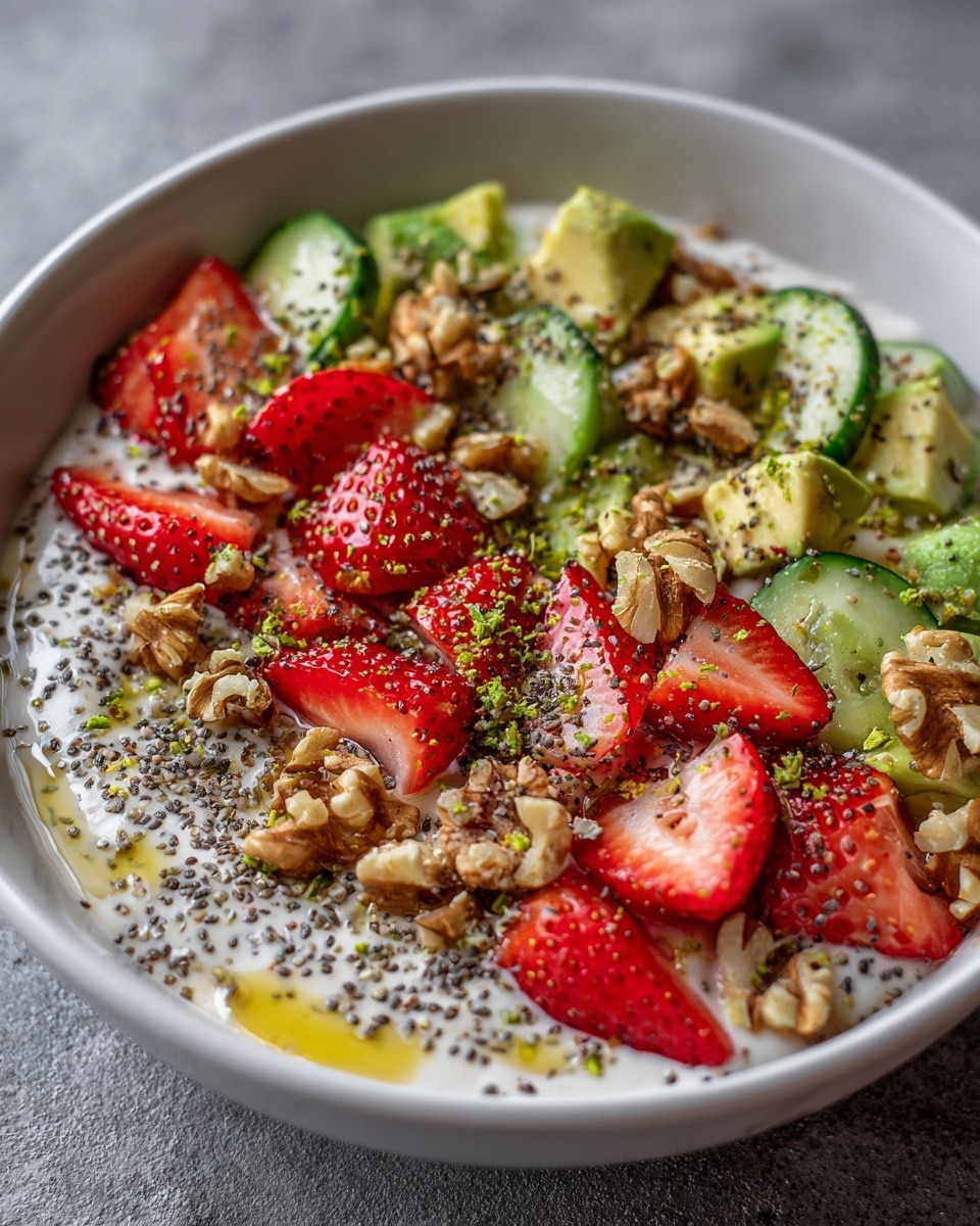 A close-up of a white plate with three main layers: the bottom layer is smooth and creamy white hummus spread evenly, the middle layer has bright red strawberries halved, green avocado chunks, and light green cucumber slices mixed together, and the top layer is sprinkled with small pieces of walnuts, tiny black chia seeds, and finely chopped green herbs scattered all over. The plate sits on a white marbled surface. photo taken with an iphone --ar 4:5 --v 7