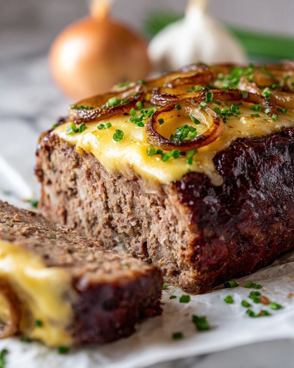 A large meatloaf sits on a piece of parchment paper on a white marbled surface, topped with caramelized onion rings that are golden brown and glossy from the sauce. The meatloaf has a rich brown outer crust with a moist, crumbly inner texture visible where it is sliced. There is a layer of melted, light yellow cheese partially covering the top underneath the onions. Some fresh green herbs are sprinkled on top and around the meatloaf, adding a touch of color. Nearby, part of a sliced bulb of roasted garlic is visible with a slightly charred surface. The close-up view highlights the texture and colors of the dish. Photo taken with an iphone --ar 4:5 --v 7