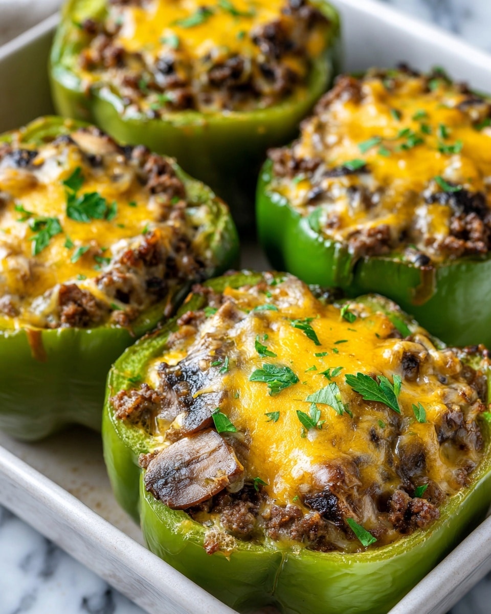 The image shows three green bell peppers, each cut in half and filled with a mix of cooked ground meat and sliced mushrooms. The stuffed peppers are topped with melted yellow cheese that looks soft and slightly browned. Small green herb pieces are sprinkled on top as garnish. The peppers are placed side by side in a white baking dish on a white marbled surface. photo taken with an iphone --ar 4:5 --v 7