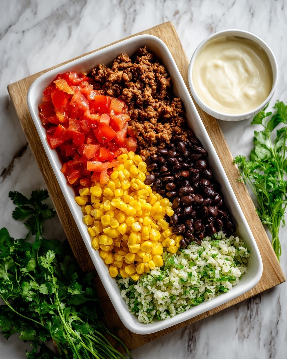 The image shows a rectangular glass container filled with five distinct layers of food, each arranged side by side. From left to right, the first layer consists of bright red diced tomatoes with a fresh, juicy texture. Next to it, there is a layer of light brown seasoned cooked ground meat, crumbly in texture. The middle layer features dark purple-black beans, smooth and shiny. Beside the beans, a vibrant yellow corn layer with small, round kernels is visible. The final layer, on the far right, is a mix of light green cauliflower rice with small grain-like pieces. In the background, there are green herbs and a small white bowl of creamy sauce. The setup rests on a white marbled textured surface. Photo taken with an iphone --ar 4:5 --v 7