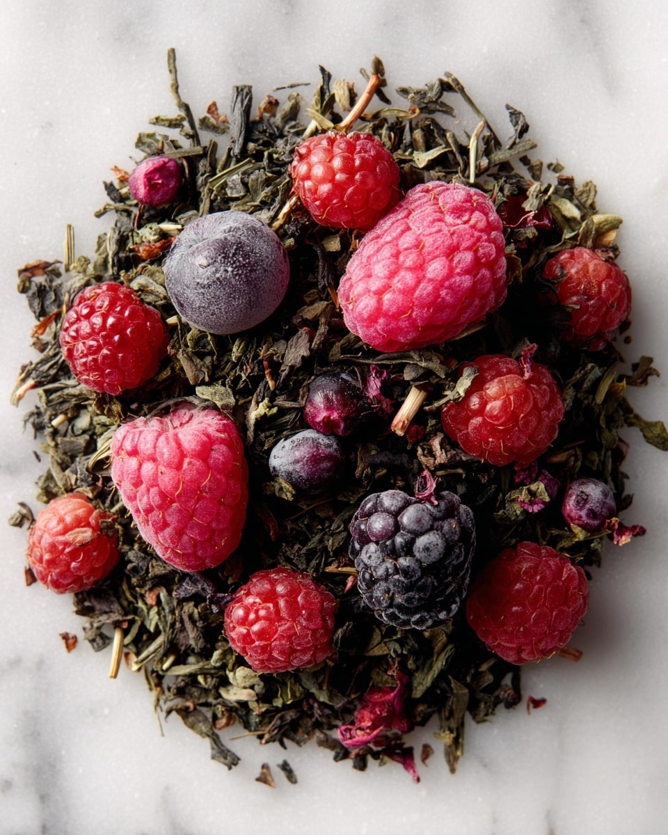 A close-up top view of a pile of loose herbal tea on a white marbled surface, showing one large pink raspberry near the bottom, several smaller red raspberries and blackberries scattered throughout, along with small dark purple berries and rough brown tea leaves forming the base layer. The texture is mix of smooth round berries and fine, thin tea leaves, all packed together in a circular arrangement. Photo taken with an iphone --ar 4:5 --v 7