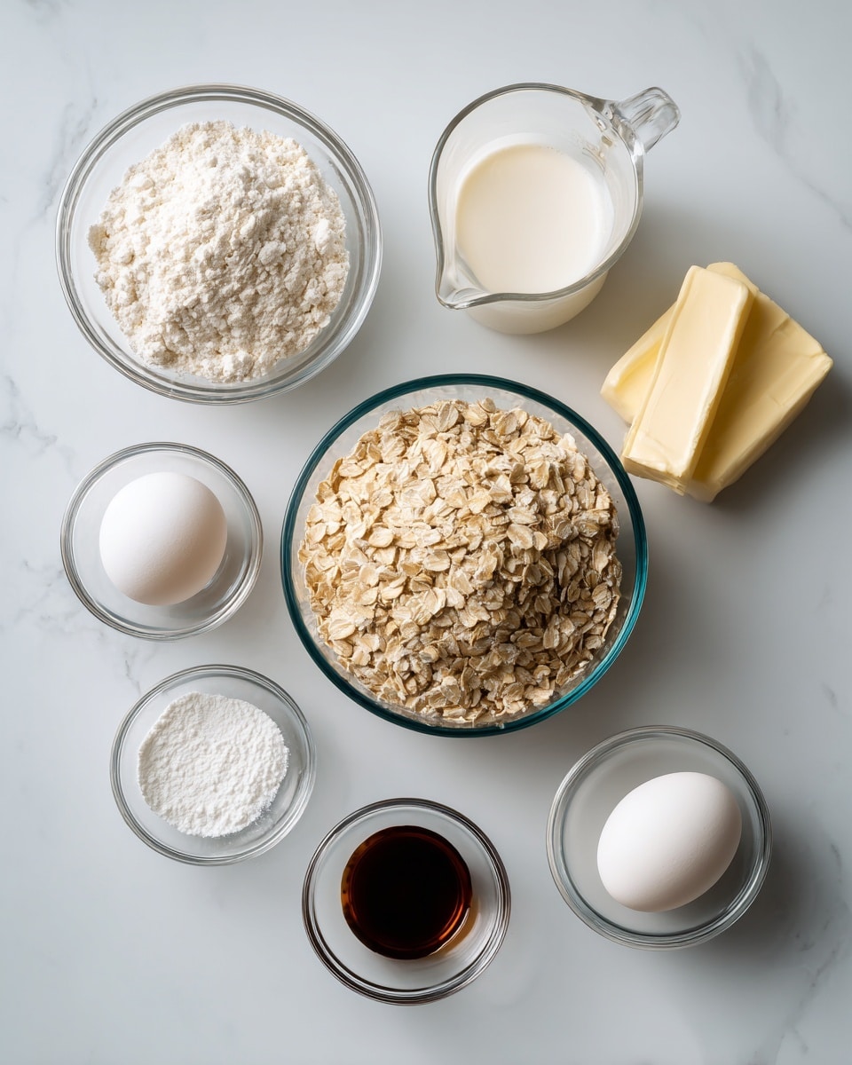 The image shows a white marbled surface with six clear glass bowls and one egg arranged neatly. The biggest bowl in the center holds light beige oats with a rough texture. To the left, there's a medium glass bowl with white flour and a clear measuring cup filled with white milk. On the right side, a small glass bowl contains a soft yellow pat of butter, and next to it is a raw white egg. Below the oats, a tiny glass bowl with white powder and another small glass bowl filled with dark brown vanilla extract are placed. All ingredients are separate and clearly visible, photo taken with an iphone --ar 4:5 --v 7