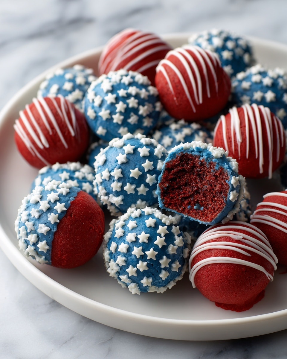 The image shows round cake balls covered in two different styles on a white plate: one with a red smooth coating decorated with white curved stripes, and the other with a blue smooth coating covered in small white star shapes. One cake ball is opened, showing a dark, dense, crumbly inside layer. The cake balls are placed closely together on a white marbled surface, making the red, white, and blue colors stand out vividly. photo taken with an iphone --ar 4:5 --v 7