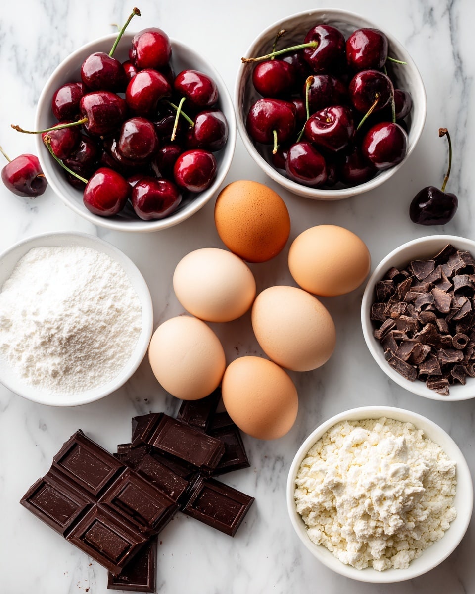 The image shows a top view of seven eggs with light brown and beige shells arranged loosely on a white marbled surface on the right side. There are four white bowls containing different ingredients: one bowl holds bright red cherries with green stems, another contains dark red cherries without stems, a third bowl has chunks of dark chocolate, and the fourth bowl is filled with chocolate shavings. A small bowl at the bottom left is filled with white flour. Two squares of dark chocolate are placed between the bowls of whole cherries and eggs. The overall layout is neat and evenly spaced on the white marbled surface. photo taken with an iphone --ar 4:5 --v 7