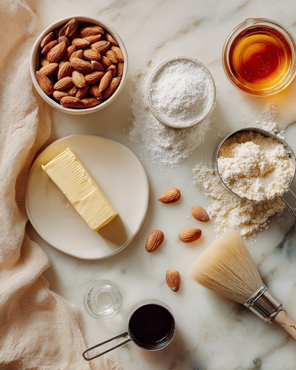 The image shows ingredients arranged on a white marbled surface for baking. There is a round white bowl filled with blanched almonds at the top left, a round white bowl with white powdered sugar at the top center, and a small clear glass of amber honey at the top right. At the center is a small round white plate holding a stick of pale yellow butter. Below that are some scattered almonds and a small clear glass with a little white liquid next to a small clear glass with dark vanilla liquid. Beside these is a metal measuring cup with flour and a light wooden pastry brush with tan bristles on the right. A folded beige cloth is on the left side. Photo taken with an iphone --ar 4:5 --v 7