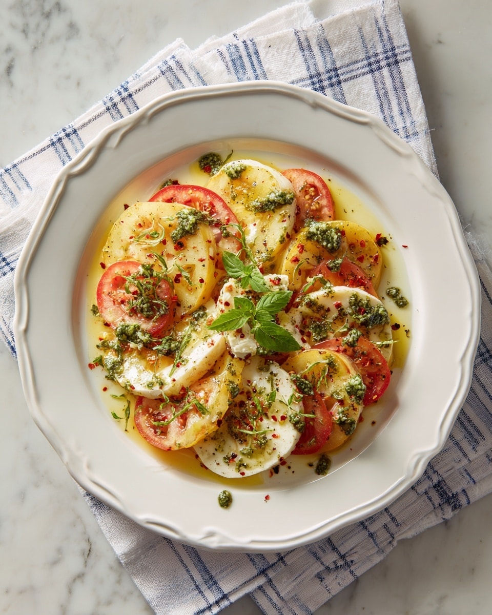 The image shows a white round plate with a pattern on its edge, placed on a blue and white checkered cloth over a white marbled surface. The plate is arranged with alternating layers of thick, soft white slices and translucent yellow tomato slices, forming a circular pattern. On top of the layers, there are small green herb leaves scattered, along with dots of green pesto sauce and a few red chili flakes sprinkled around for extra color. The overall look is fresh, bright, and colorful with a mix of smooth and leafy textures photo taken with an iphone --ar 4:5 --v 7