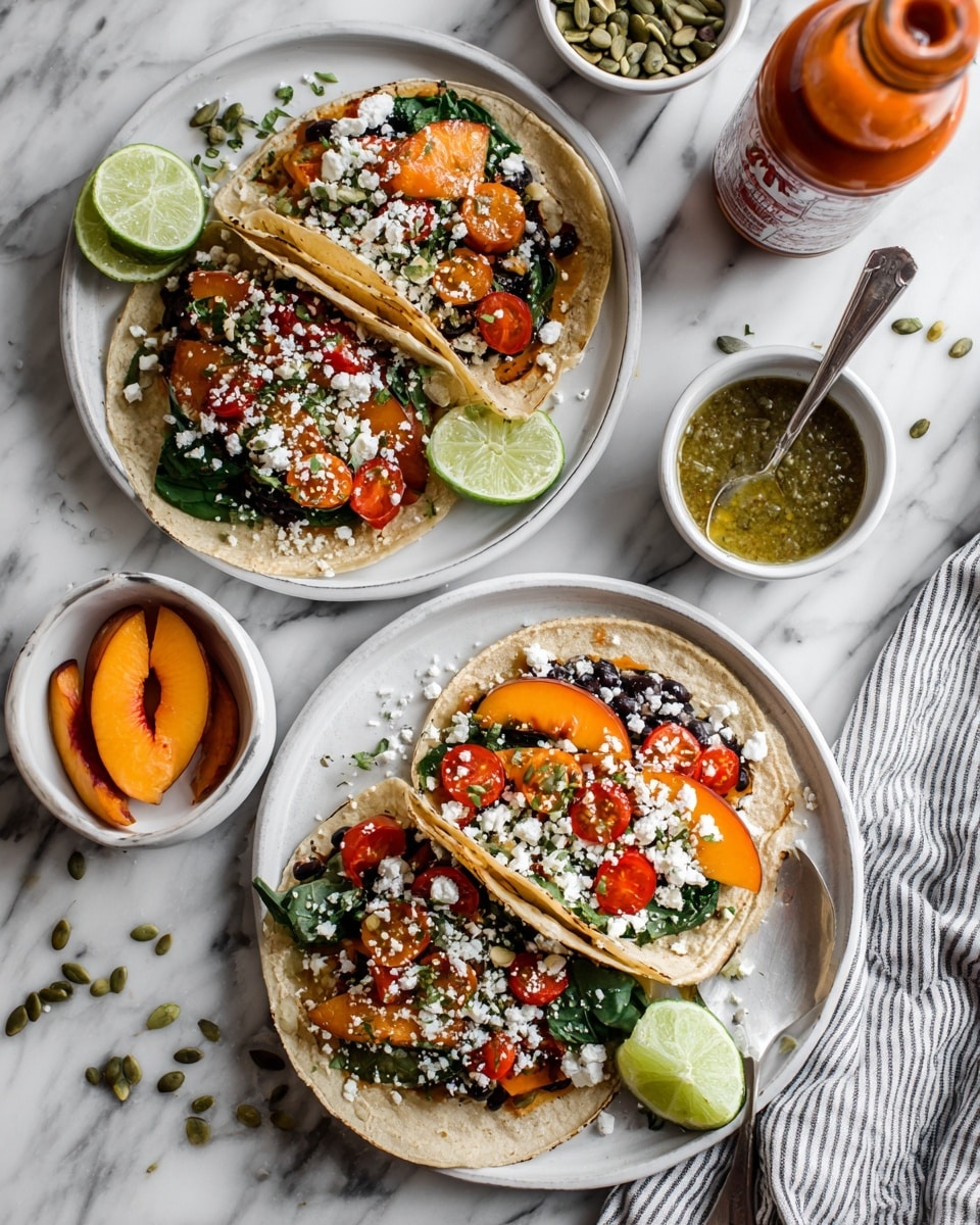 Two white plates each hold a taco made with two soft corn tortillas layered with dark beans, bright red cherry tomatoes, fresh green spinach leaves, and slices of yellow peach. The tacos are topped with a dollop of green guacamole and sprinkled with white crumbled cheese and green pumpkin seeds. Lime wedges sit beside the tacos on the plates. Nearby, a white marbled surface holds a small white bowl with fresh green sauce and a silver spoon inside, a small wooden dish with pumpkin seeds, a bowl with peach slices, and a black and white patterned bowl with lime halves. The setting has a clean, fresh look with a striped blue and white cloth to the side. Photo taken with an iphone --ar 4:5 --v 7