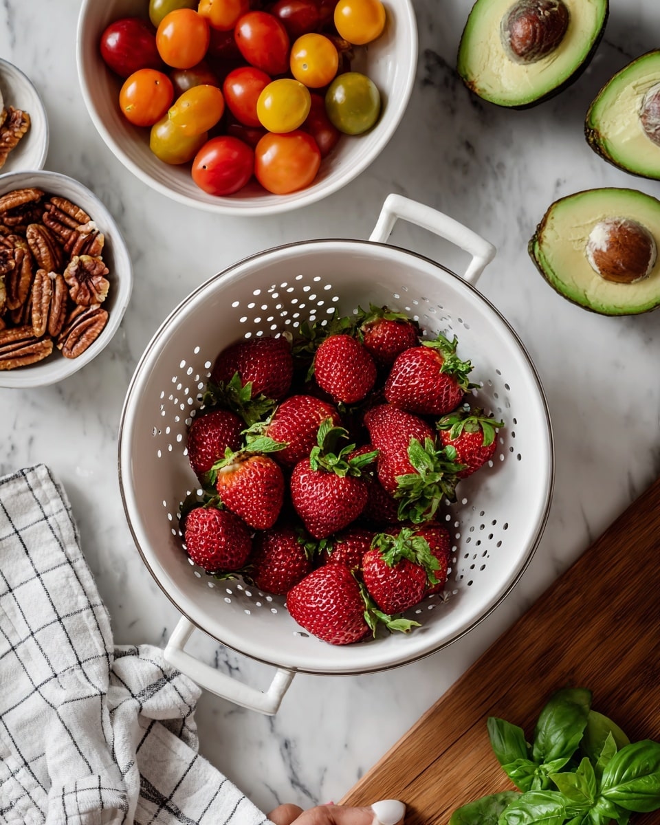 The image shows a white colander filled with fresh red strawberries with green leaves on top, placed slightly right of center on a white marbled surface. To the left of the colander, there is a white bowl holding colorful cherry tomatoes in red, yellow, and orange hues. Above the bowl, two halves of a green avocado are visible, one showing the pit and the other empty. In the top left corner, a small white bowl holds pecans. On the right side of the image, there is a wooden cutting board with a few fresh green basil leaves on it. A woman's hand is holding the edge of a checkered white and gray cloth near the colander. photo taken with an iphone --ar 4:5 --v 7