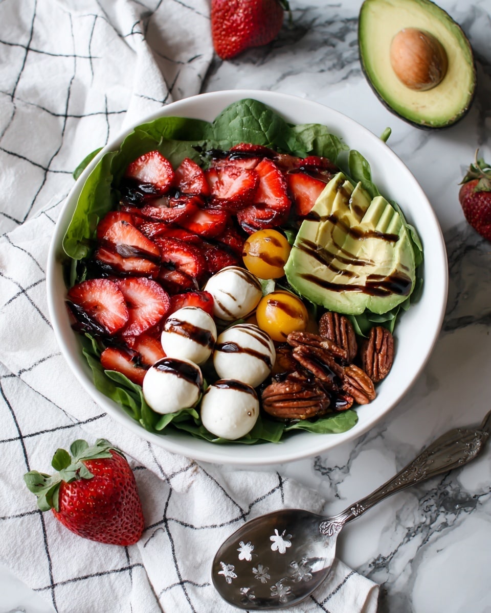 The image shows a white bowl filled with a colorful salad on a white marbled surface. The salad has a first layer of fresh green spinach leaves at the bottom. On top, there are bright red strawberry pieces, small white mozzarella balls, and chunks of light green avocado scattered evenly. There are also halved cherry tomatoes in red and yellow colors, along with brown pecan nuts spread throughout. A dark balsamic glaze is lightly drizzled over the salad, adding a shiny texture. Near the bowl is a silver spoon with a floral pattern cutout, and in the background, half an avocado, a small wooden bowl with pecans and a wooden board with spinach leaves are visible on the white marbled surface. A white cloth with thin black lines is partly under the bowl. photo taken with an iphone --ar 4:5 --v 7