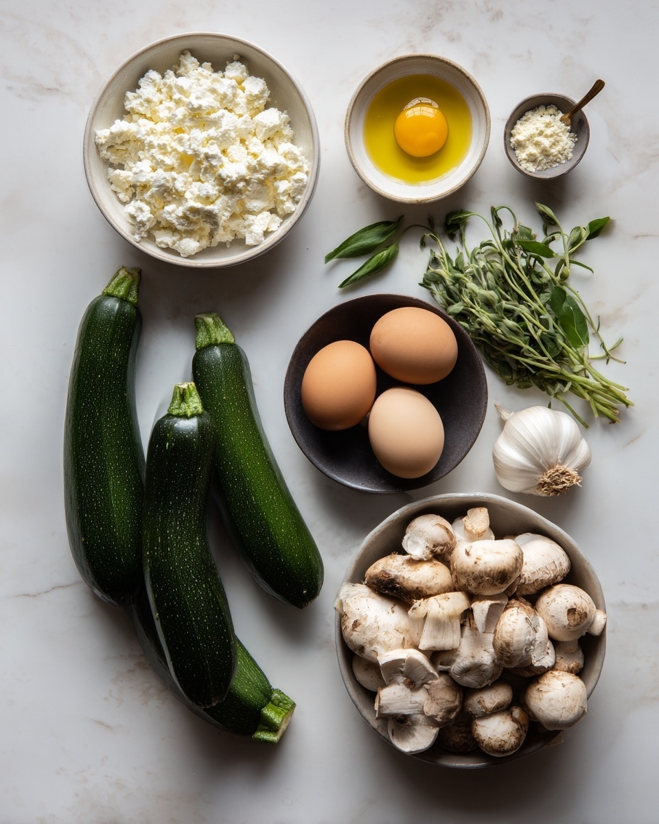 The image shows ingredients placed neatly on a white marbled surface. On the left, there are two whole dark green zucchinis with a smooth texture. Next to them are two small bunches of fresh green herbs, one with long thin leaves and another with smaller fine leaves. To the right, there is a group of about a dozen light brown mushrooms with visible stems and caps. Above the mushrooms is a whole garlic bulb with several cloves partially visible. Moving upwards, three brown eggs rest in a small dark bowl. Above them, a small white bowl contains one raw egg yolk surrounded by clear egg white. Next to it, a small glass filled with yellow oil shines under the light. On the top left, a white bowl is filled with crumbled white cheese that has a soft texture. photo taken with an iphone --ar 4:5 --v 7