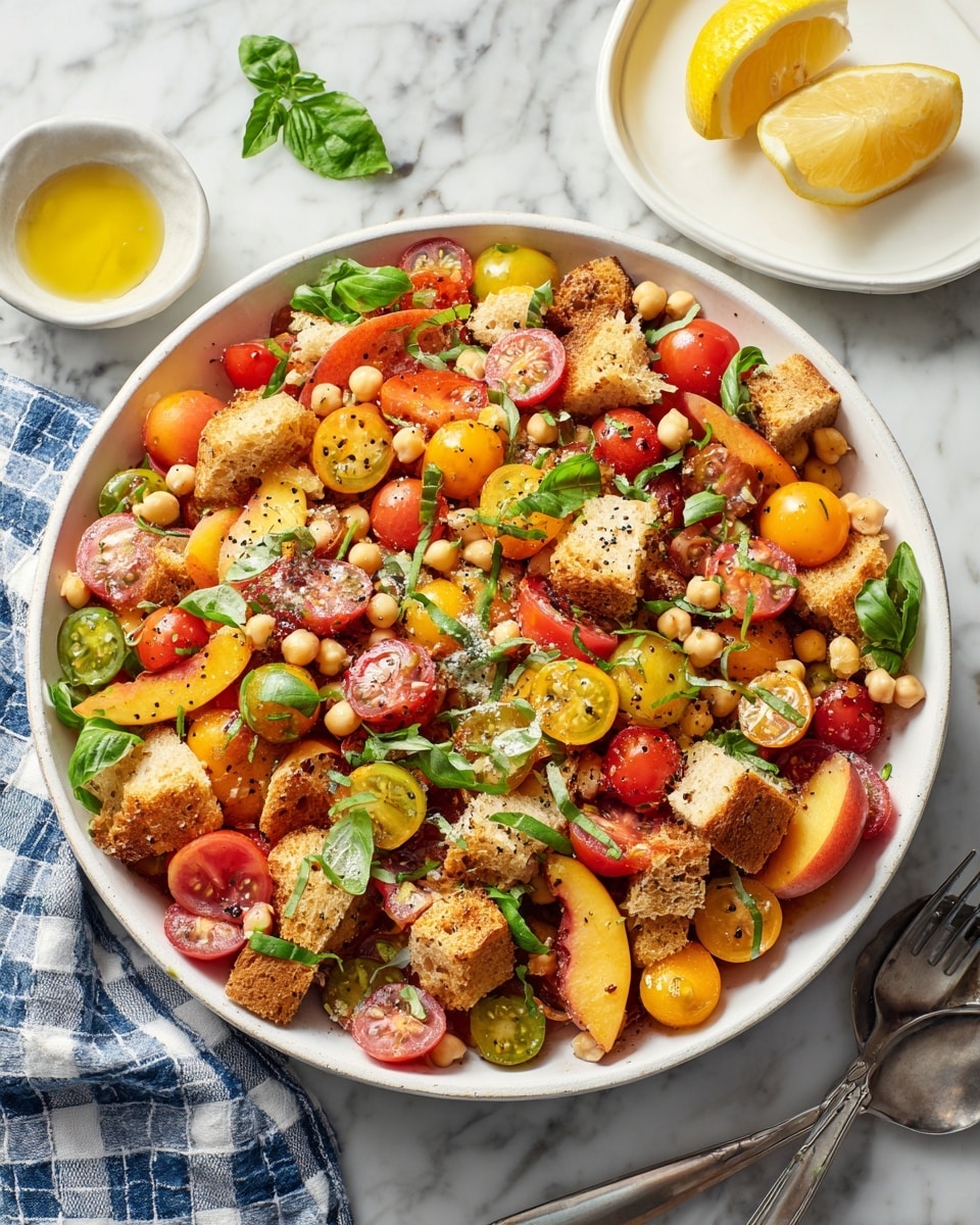 A large white bowl filled with a colorful salad, showing about four layers: the bottom layer is torn bread pieces in light beige and golden brown colors with a rough texture, followed by a mix of halved cherry tomatoes in red, yellow, and green with a shiny, smooth surface scattered throughout. There are also round, toasted chickpeas with a golden-brown tone sprinkled evenly on top. Fresh green chopped herbs are spread across the salad, adding a leafy contrast. The bowl sits on a white marbled surface, with a small white dish holding olive oil and a blue and white checkered cloth nearby. Photo taken with an iphone --ar 4:5 --v 7