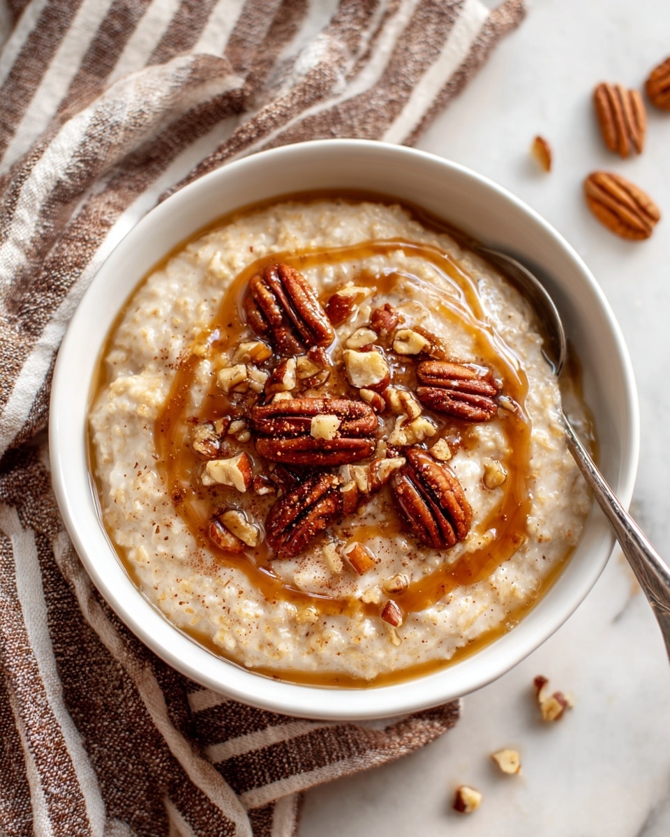 A white bowl filled with creamy oatmeal that has a slightly grainy texture forming the first layer. On top of the oatmeal, there is a swirl of golden honey or syrup spread in a circular pattern. In the center, there are several whole pecan nuts arranged closely, surrounded by small pieces of chopped nuts sprinkled all around the top layer. The bowl rests on a white marbled surface with a striped cloth partially visible on the side. The scene is softly lit by natural light coming from a nearby window. photo taken with an iphone --ar 4:5 --v 7