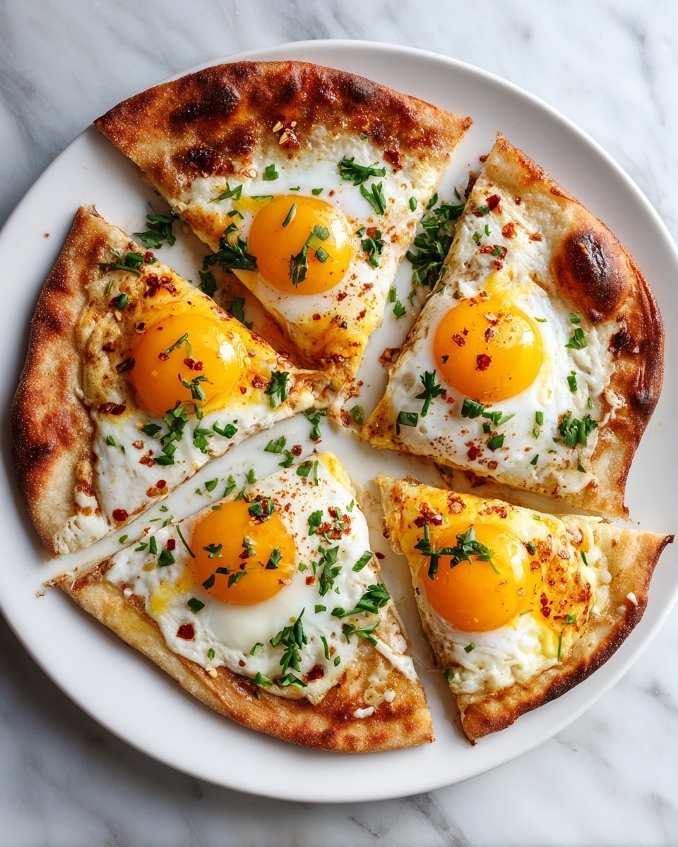 The dish is made of four folded slices of crispy, golden-brown flatbread with bright yellow cooked egg yolks cooked on top of each slice. The flatbread is soft but browned on the edges with a slight crunch look. On top of the eggs and flatbread are small pieces of red seasoning and chopped fresh green herbs, scattered evenly to add color and texture. The slices are arranged on a smooth, white plate placed on a white marbled surface, with sunlight casting soft shadows around. photo taken with an iphone --ar 4:5 --v 7
