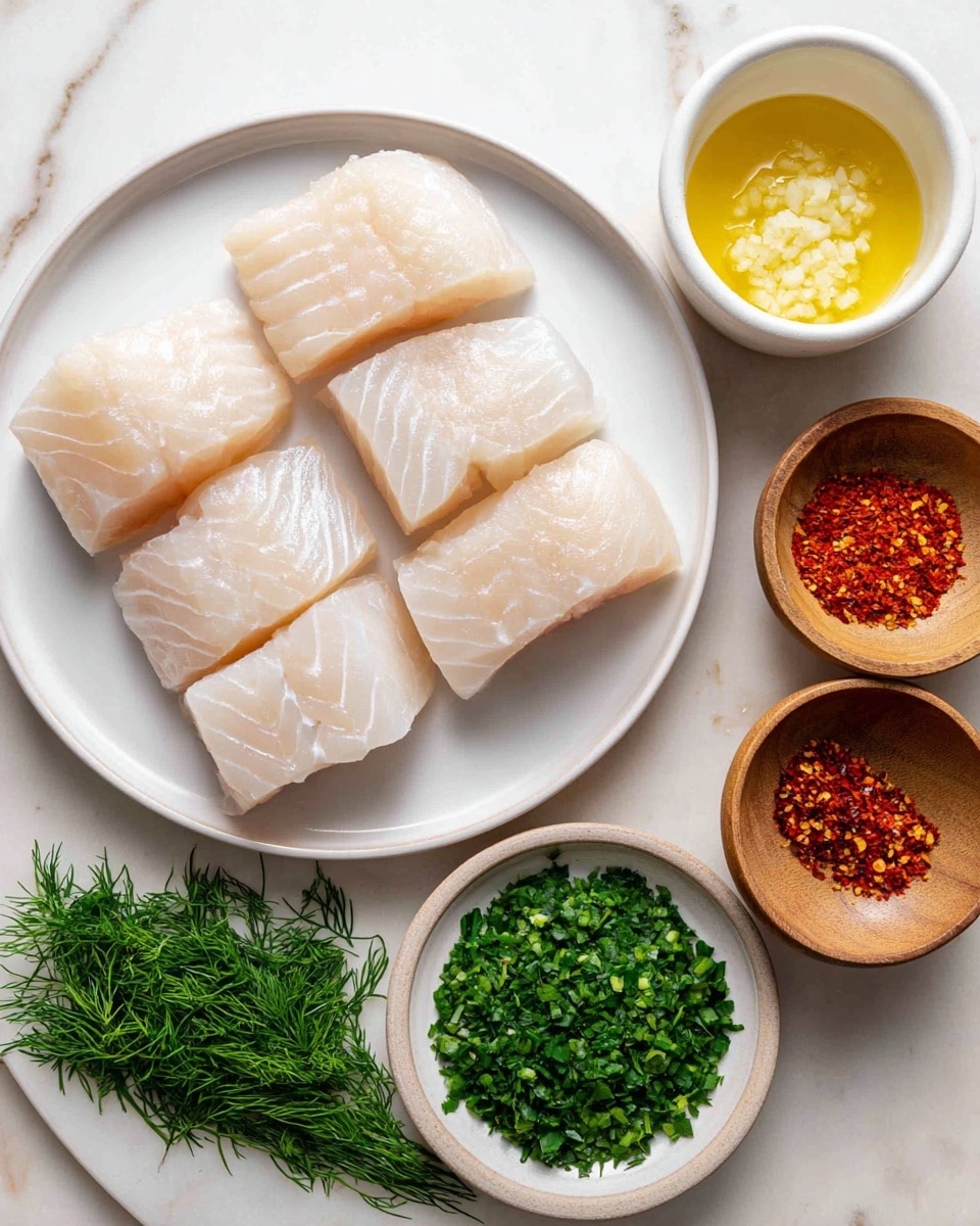A white round plate with six raw fish fillets arranged on it, showing smooth and slightly translucent textures with light beige and white tones, placed on a white marbled surface; nearby, a small white bowl with melted butter displaying a yellow liquid with foam on top, a wooden bowl filled with finely chopped garlic in pale yellow, and another wooden bowl containing three spices – red chili flakes, bright red powder, and white salt; additionally, a white plate at the bottom holds three piles of fresh herbs: chopped green parsley, delicate green dill, and light green chives; all items organized neatly for preparation. photo taken with an iphone --ar 4:5 --v 7