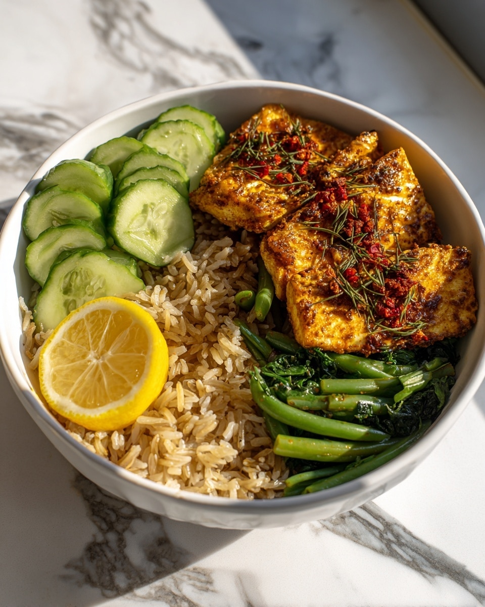The dish is in a white bowl with a layer of cooked brown rice at the bottom, showing a grainy texture. On top of the rice, there are several pieces of golden-brown seasoned fish arranged in the center, sprinkled with small bits of red chili flakes and green herbs. On the left side, there is a cluster of cooked green leafy vegetables next to some cooked onions with a glossy texture. Above the fish, there are sliced cucumbers placed in a neat row, showing fresh green skin and pale centers. On the right side of the bowl, a half slice of lemon with a bright yellow color rests on the rice. The bowl sits on a white marbled surface with sunlight casting soft shadows. photo taken with an iphone --ar 4:5 --v 7