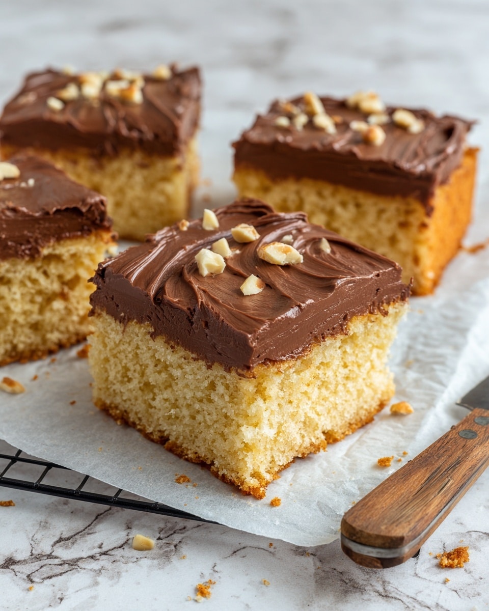 The image shows square pieces of a two-layer dessert on white marbled background paper. The bottom layer is light beige with a soft and crumbly texture, while the top layer is thick, smooth, and dark brown chocolate frosting, decorated with small pieces of chopped walnuts scattered on it. One piece is missing a corner, showing the soft inside, and crumbs are spread around. A knife with some chocolate frosting on it rests near the bottom right, and parts of more dessert pieces and a bowl of chocolate frosting are partly visible. Photo taken with an iphone --ar 4:5 --v 7