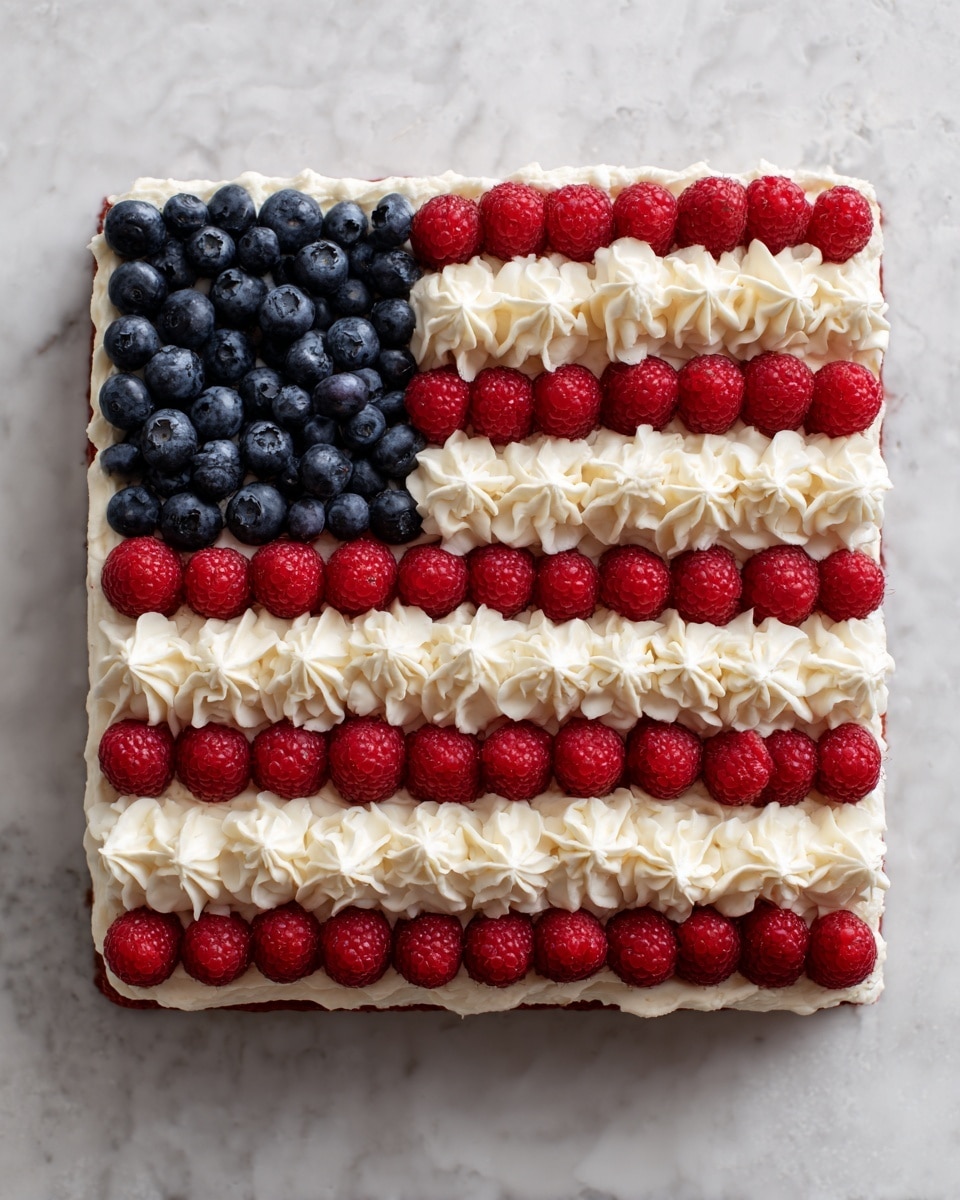 A rectangular layered dessert styled like the American flag sits on a white marbled surface. The bottom layer is a flat white cake base covered with a smooth white cream layer. On the top left corner is a square made of dark blue blueberries topped with small dollops of white cream arranged in neat rows to mimic stars. The rest of the dessert features alternating horizontal stripes made from bright red raspberries placed in straight lines and thick white cream piped in between the raspberry rows to represent the flag’s stripes. The entire dessert is flat and rectangular with a clear, clean design. Photo taken with an iphone --ar 4:5 --v 7